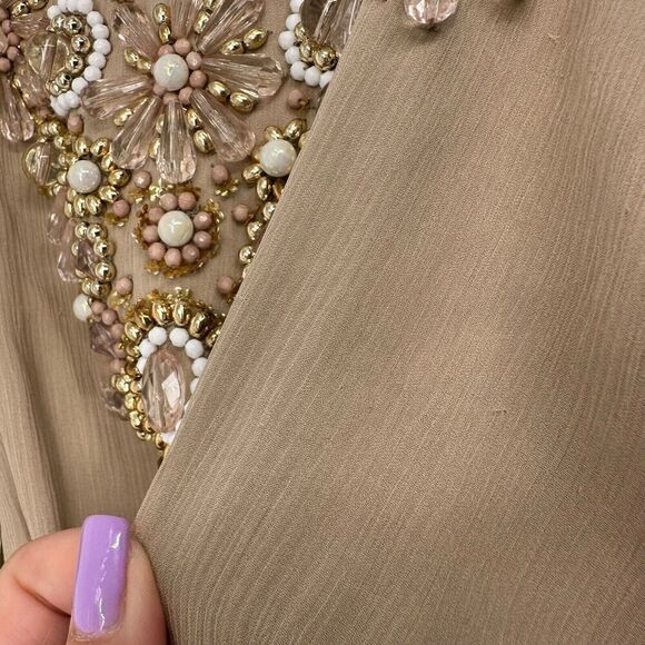 Milly Silk Beaded Halter Dress Knee Length Beige Formal Size 2 Party Cocktail - Picture 5 of 15